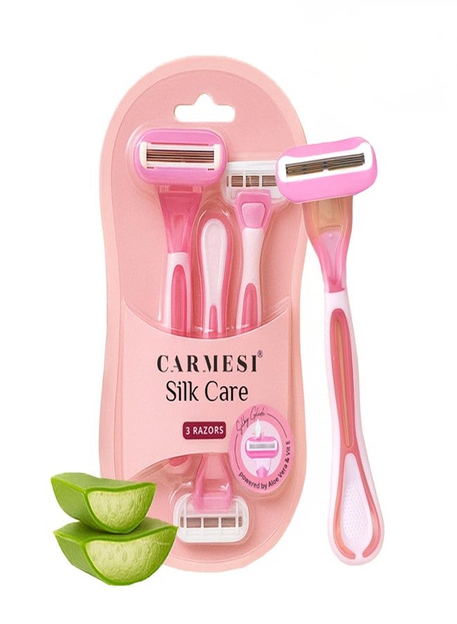 Carmesi Silk Care Body Razor for Women - Pack of 3 | Smooth & Painless Hair Removal For Arms, Legs, & Underarms | Aloe Vera and Vitamin E Lubrication Strip | Soft & Silky Skin | Flexible Head - Image 1